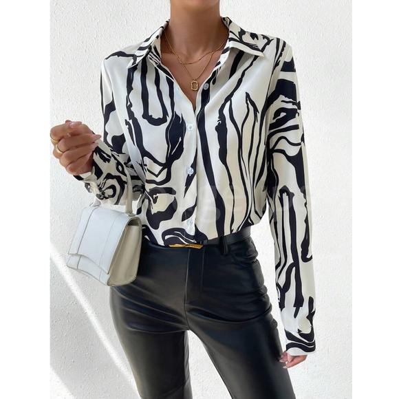 Abstract Print Button Down Collared Long Sleeve Dress Shirt Top Black Off White - Picture 5 of 8